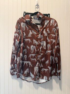 Hudson Gray Brown Satin Cheetah Cheetah Graphic Button Up Blouse - Size M